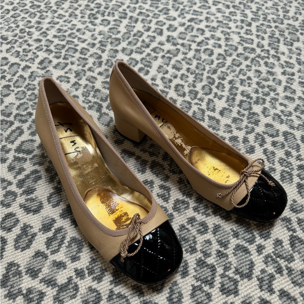French Sole, stacked heel,  leather two tone shoes, tan/bkack